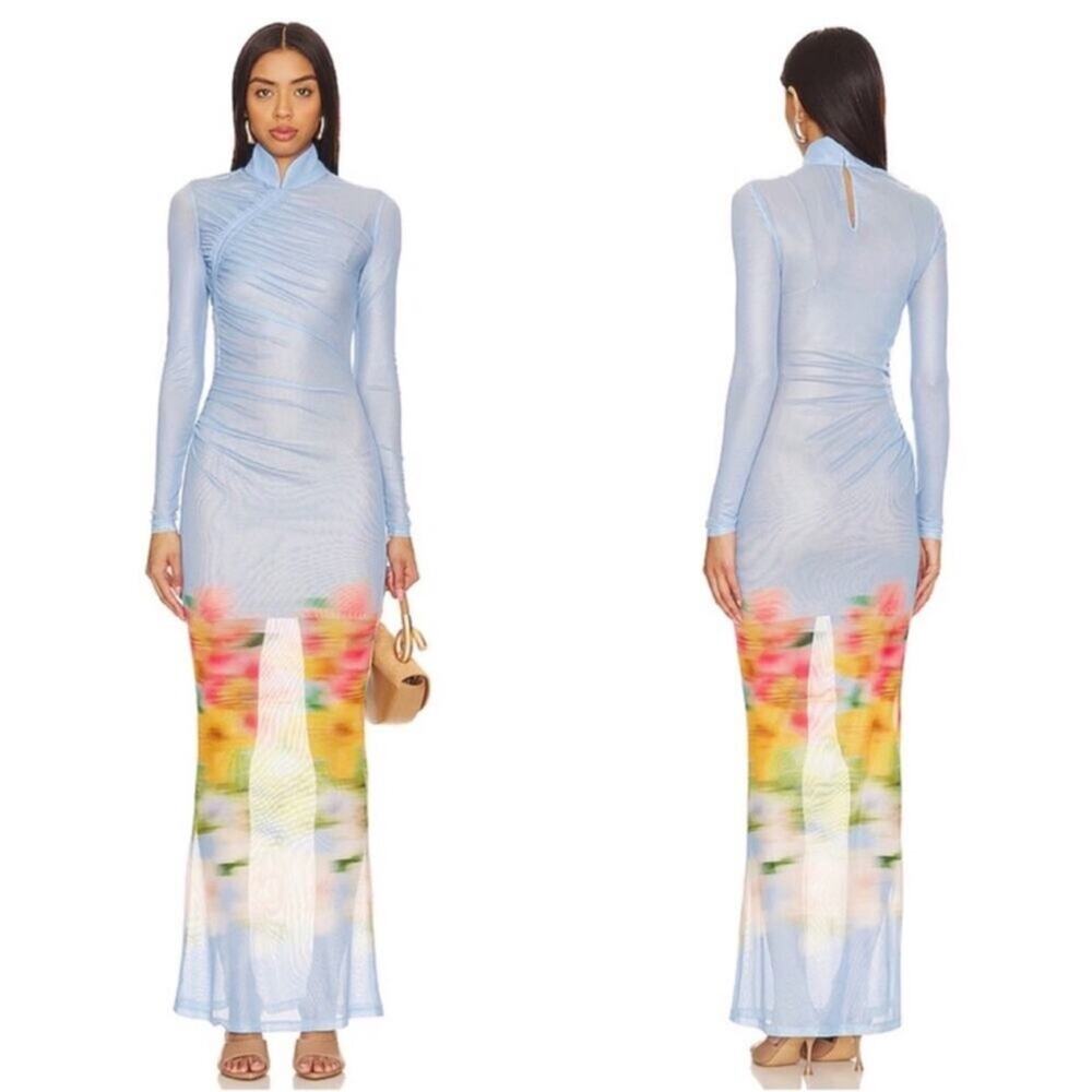 SAU LEE Kendra Mesh Sheer Blurred Floral Long Sleeve Blue Maxi Dress Size 0